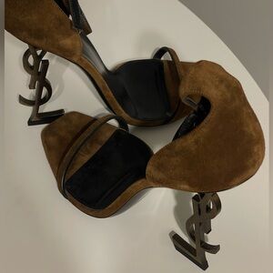 Saint Laurent Opyum Suede Logo Heel Sandals Brown 41.5 YSL Monogram Bronze